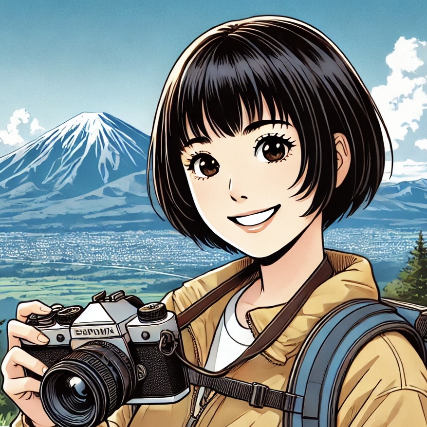画像には、カメラを持った笑顔の若い女性が描かれています。背景には、日本の象徴的な山である富士山がそびえ立っており、晴天の空が広がっています。女性は短い黒髪で、カジュアルなジャケットを着てリュックを背負っています。彼女は風景写真を撮影しているかのような場面を示唆しており、背景の広がる自然と富士山が強調されています。