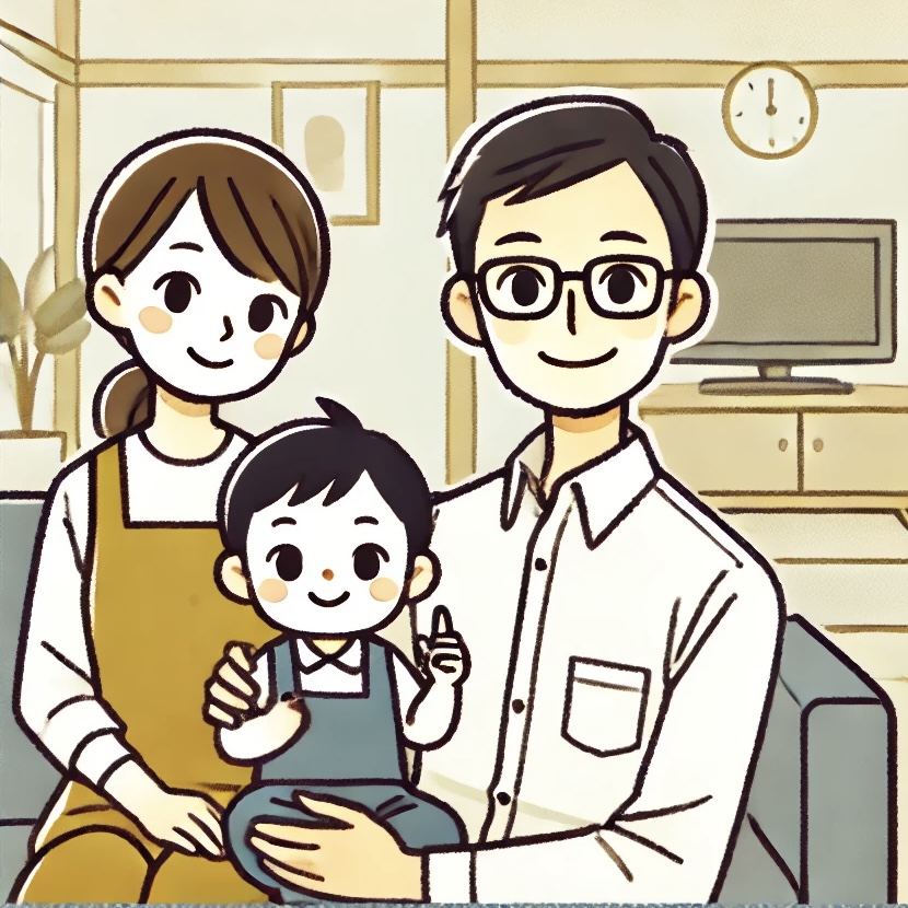 画像には、リビングルームで微笑む3人家族が描かれています。父親は眼鏡をかけており、白いシャツを着て、膝の上に小さな子供を抱えています。母親は茶色のエプロンを着て、家族の隣に座っています。背景にはテレビや時計が見え、家庭的で温かい雰囲気が伝わります。全体的に穏やかな家族の団らんの一場面を描いたイラストです。