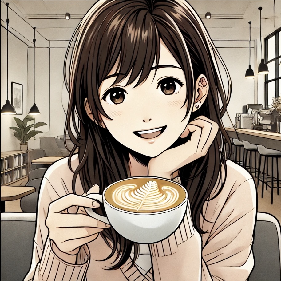 画像には、カフェの中でカフェラテを手に微笑む女性が描かれています。彼女は長い髪で、カジュアルなセーターを着ています。カフェラテにはラテアートが施されており、リラックスした雰囲気が伝わります。背景にはモダンなカフェの内装が広がっており、吊り下げ式の照明や観葉植物、本棚などが見えます。全体的に、落ち着いた空間でリラックスしたひとときを過ごしている様子が描かれています。